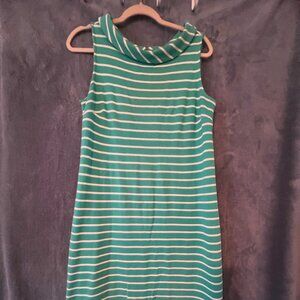 Talbots Green/White Striped 3/4 Sleeve Stretch Sheath Rolled Collar Dress M